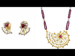 18K Yellow Gold Necklace Earring Set with Natural Diamond, Pink Tourmaline& Rhodolite High End Jewelry