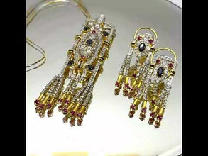 18K Two-Tone Gold | Natural Diamond, Ruby & Sapphire Necklace & Earrings Set | Drop Tassels, Pavé Bridal Jewelry