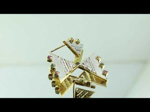 18K White & Yellow Two Tone Gold Earring Pendant with Natural Round Diamond and Square Multi Tourmaline Gemstones Geometric Jewellery Set