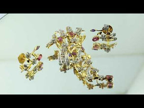 18K Yellow Gold Pendant Earring with Diamond, Rhodolite & Amethyst Natural Floral Branch Design Jewellery Set