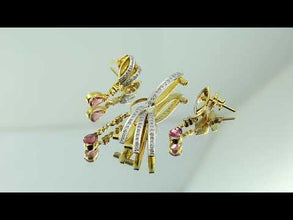 18K Yellow Gold Natural Diamond & Pink Tourmaline Pendant & Earrings Set | Geometric Linear Bar Jewelry