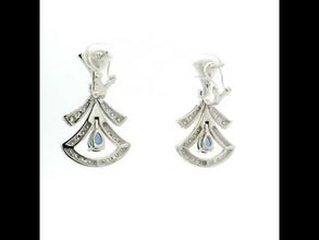 18K White Gold | Natural Blue Sapphire & Diamond Drop Earrings | Art Deco Fan Design | Opulent Bridal Jewelry