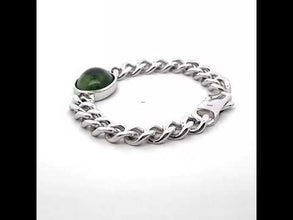 Sterling Silver 925 Cuban Link Bracelet | Natural Peridot Needle Pattern Oval Cabochon Gemstone | August Birthstone Statement Jewelry