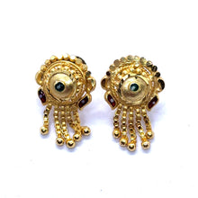 Round Stud Gold Tone Earrings with Deep Red Petal Detailing and Chain Drop Vintage Inspired Jewellery - Earrings