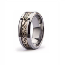Tungsten Ring Black Carbon Fiber Inlay Gold Celtic Dragon Beveled Edges Band