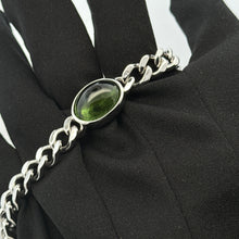 Sterling Silver 925 Cuban Link Bracelet | Natural Peridot Needle Pattern Oval Cabochon Gemstone | August Birthstone
