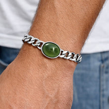 Sterling Silver 925 Cuban Link Bracelet | Natural Peridot Needle Pattern Oval Cabochon Gemstone | August Birthstone