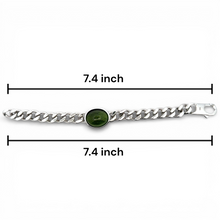 Sterling Silver 925 Cuban Link Bracelet | Natural Peridot Needle Pattern Oval Cabochon Gemstone | August Birthstone
