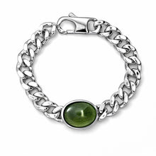 Sterling Silver 925 Cuban Link Bracelet | Natural Peridot Needle Pattern Oval Cabochon Gemstone | August Birthstone