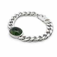 Sterling Silver 925 Cuban Link Bracelet | Natural Peridot Needle Pattern Oval Cabochon Gemstone | August Birthstone