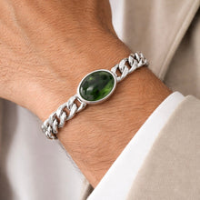 Sterling Silver 925 Cuban Link Bracelet | Natural Peridot Needle Pattern Oval Cabochon Gemstone | August Birthstone