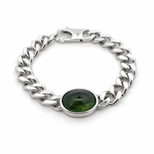 Sterling Silver 925 Cuban Link Bracelet | Natural Peridot Needle Pattern Oval Cabochon Gemstone | August Birthstone