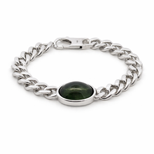Sterling Silver 925 Cuban Link Bracelet | Natural Peridot Needle Pattern Oval Cabochon Gemstone | August Birthstone