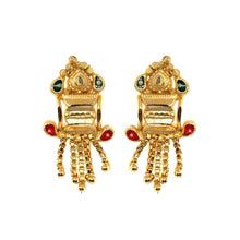 Temple-Style Rectangular Gold Tone Dangler Pair of Earrings with Heart Motif and Colored Accents - Earrings
