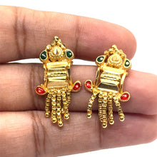 Temple-Style Rectangular Gold Tone Dangler Pair of Earrings with Heart Motif and Colored Accents - Earrings
