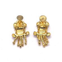 Temple-Style Rectangular Gold Tone Dangler Pair of Earrings with Heart Motif and Colored Accents - Earrings