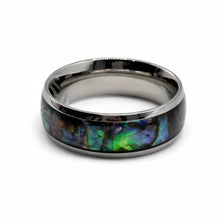 Titanium Ring Blue Green Opal Inlay Silver Beveled Edges Band Durable Lightweight Hypoallergenic Unisex Wedding