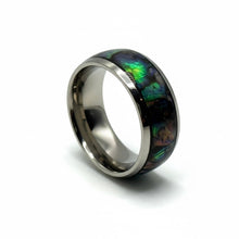 Titanium Ring Blue Green Opal Inlay Silver Beveled Edges Band Durable Lightweight Hypoallergenic Unisex Wedding