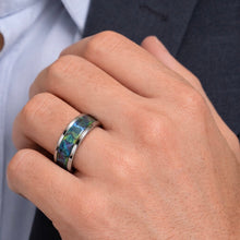 Titanium Ring Blue Green Opal Inlay Silver Beveled Edges Band Durable Lightweight Hypoallergenic Unisex Wedding