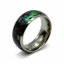 Titanium Ring Blue Green Opal Inlay Silver Beveled Edges Band Durable Lightweight Hypoallergenic Unisex Wedding