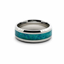Titanium Ring Blue Opal Inlay Silver Beveled Edges Band Durable Lightweight His/Her Promise Engagement Band - Ring