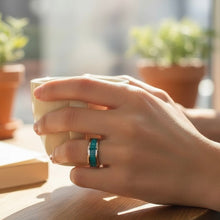 Titanium Ring Blue Opal Inlay Silver Beveled Edges Band Durable Lightweight His/Her Promise Engagement Band - Ring