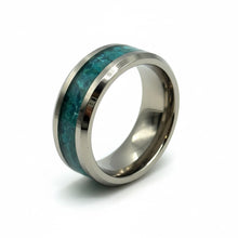 Titanium Ring Blue Opal Inlay Silver Beveled Edges Band Durable Lightweight His/Her Promise Engagement Band - Ring