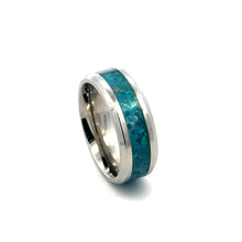 Titanium Ring Blue Opal Inlay Silver Beveled Edges Band Durable Lightweight His/Her Promise Engagement Band - Ring