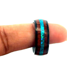 Titanium Ring with Blue Stripe Inlay Center Wooden Silver Band Durable Lightweight Hypoallergenic Unisex Wedding