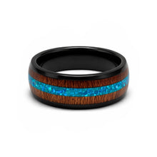 Titanium Ring with Blue Stripe Inlay Center Wooden Silver Band Durable Lightweight Hypoallergenic Unisex Wedding