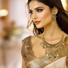 Traditional Indian Royal Choker Necklace with Jhumka & Ear Chain Earring Gold Plated Jewelry Set - Necklace Earring Set