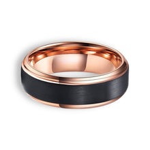 Tungsten Ring Black Brushed Flat Center Rose Gold Plated Inside With Beveled Edges Band
