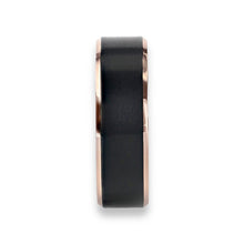 Tungsten Ring Black Brushed Flat Center Rose Gold Plated Inside With Beveled Edges Band
