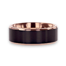 Tungsten Ring Black Brushed Flat Center Rose Gold Plated Inside With Beveled Edges Band