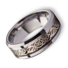 Tungsten Ring Black Carbon Fiber Inlay Gold Celtic Dragon Beveled Edges Band