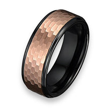 Tungsten Ring Black Duo Tone With Rose Gold Hammered Finish Top Band