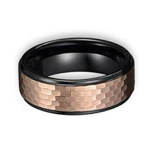Tungsten Ring Black Duo Tone With Rose Gold Hammered Finish Top Band