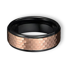 Tungsten Ring Black Duo Tone With Rose Gold Hammered Finish Top Band