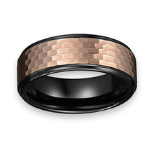 Tungsten Ring Black Duo Tone With Rose Gold Hammered Finish Top Band