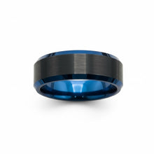 Tungsten Ring Black Raised Satin Finish Blue Stepped Edges Band Durable Scratch Resistant Unisex Wedding Band - Ring