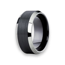 Tungsten Ring Black Satin Center Stripe Silver Beveled Edges Band