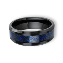 Tungsten Ring Blue Carbon Fiber Inlay Black Celtic Dragon High Polished Beveled Edges Band