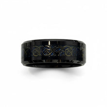 Tungsten Ring Blue Celtic Dragon Inlay Beveled Black Band