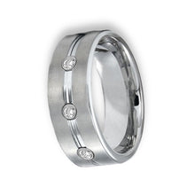 Tungsten Ring Brushed Pipe Cut With Cubic Zirconia Gems Silver Brushed 8mm Band