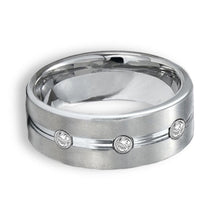 Tungsten Ring Brushed Pipe Cut With Cubic Zirconia Gems Silver Brushed 8mm Band