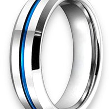 Tungsten Ring Center Blue Stripe Polished Silver Beveled Edges Band