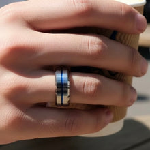 Tungsten Ring Center Blue Stripe Polished Silver Beveled Edges Band