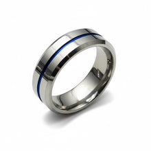 Tungsten Ring Center Blue Stripe Polished Silver Beveled Edges Band