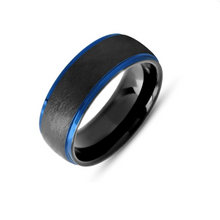 Tungsten Ring Domed Black Brushed Recessed Metallic Blue Edge Band