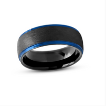 Tungsten Ring Domed Black Brushed Recessed Metallic Blue Edge Band